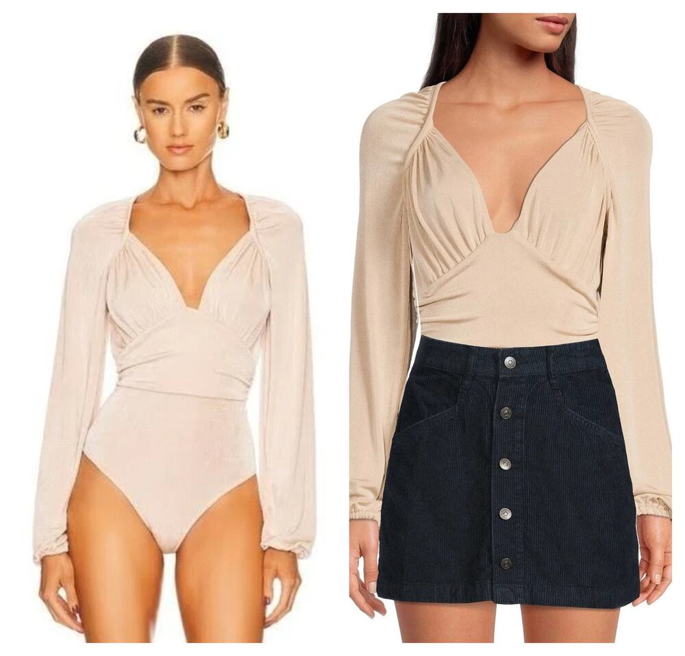 [Free People] Beige In Your Arms Slinky Long Sleeve Plunge Bodysuit Sz Medium M